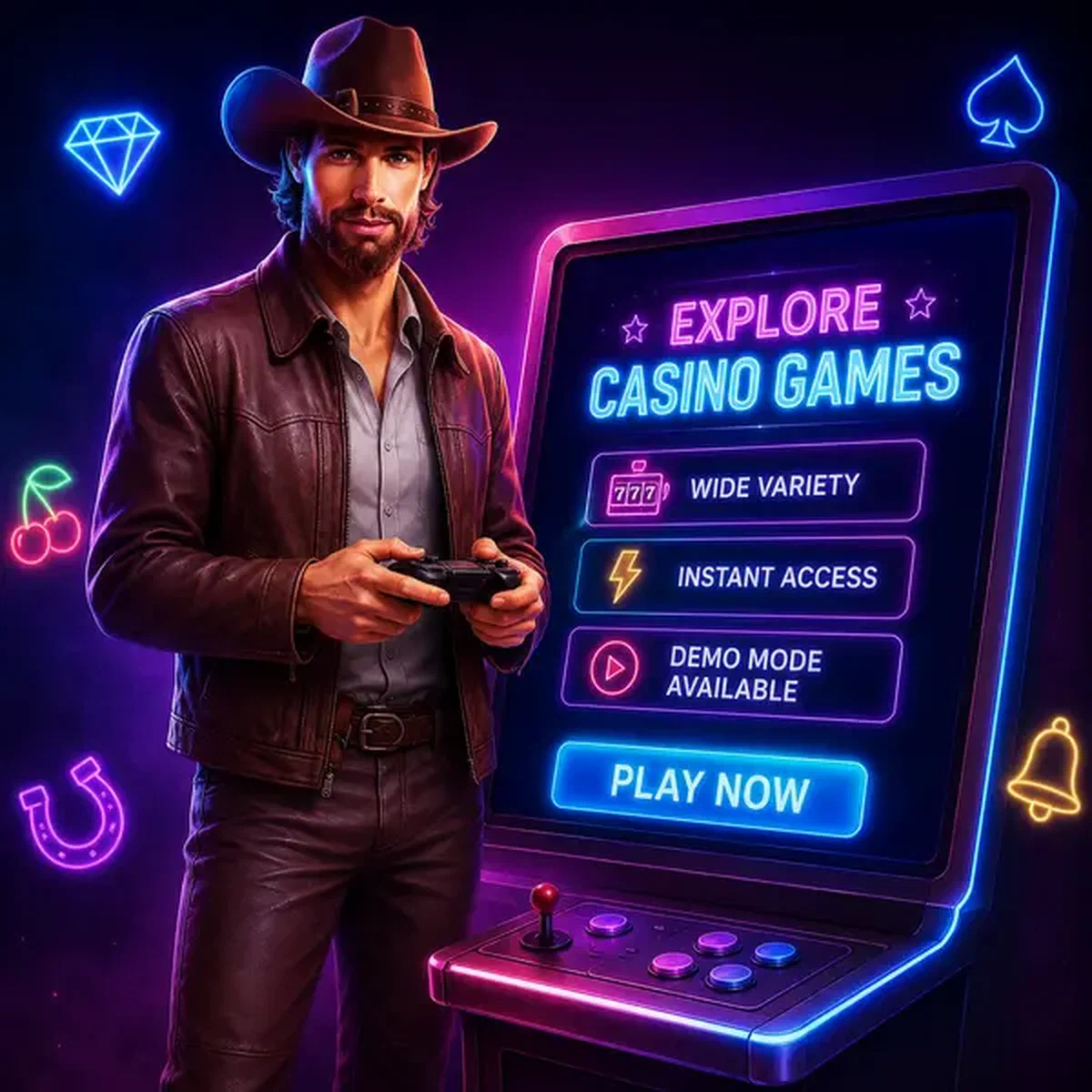 Παίκτης εξερευνά παιχνίδια καζίνο στο NV Casino με neon κονσόλα και χειριστήριο έτοιμα