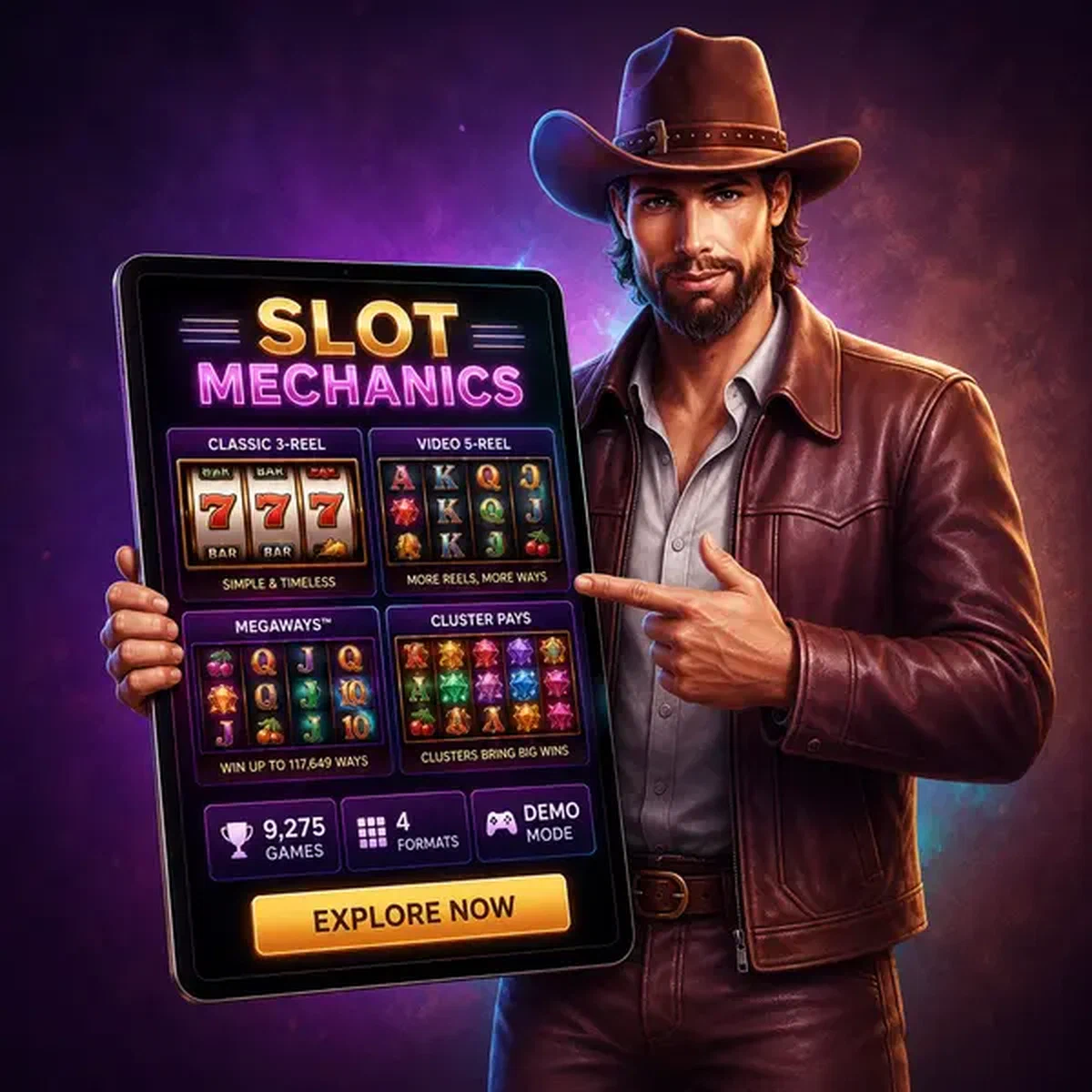 Frontier drifter που εξηγεί μηχανισμούς φρουτάκια σε tablet στο NV Free Slot Games Format Mechanics Breakdown